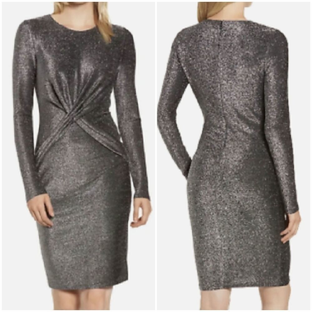 MICHAEL MICHAEL KORS Twist-waist Metallic Woman's Dress In Black/ Silver Size S